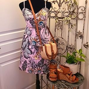 MICHAEL Cognac Strappy Leather& Cork Wedge Sandal sz 8/ IZZY & ALI Straw handbag